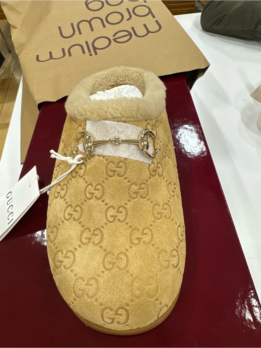 Gucci Tan Suede Shearling-Lined GG Mule with Gold Horsebit